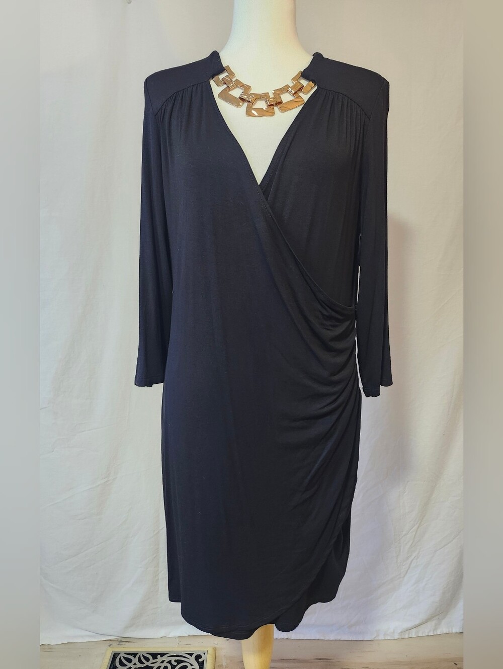 Venus Figure Flattering Stretchy Black Dress With Bold Gold Accent